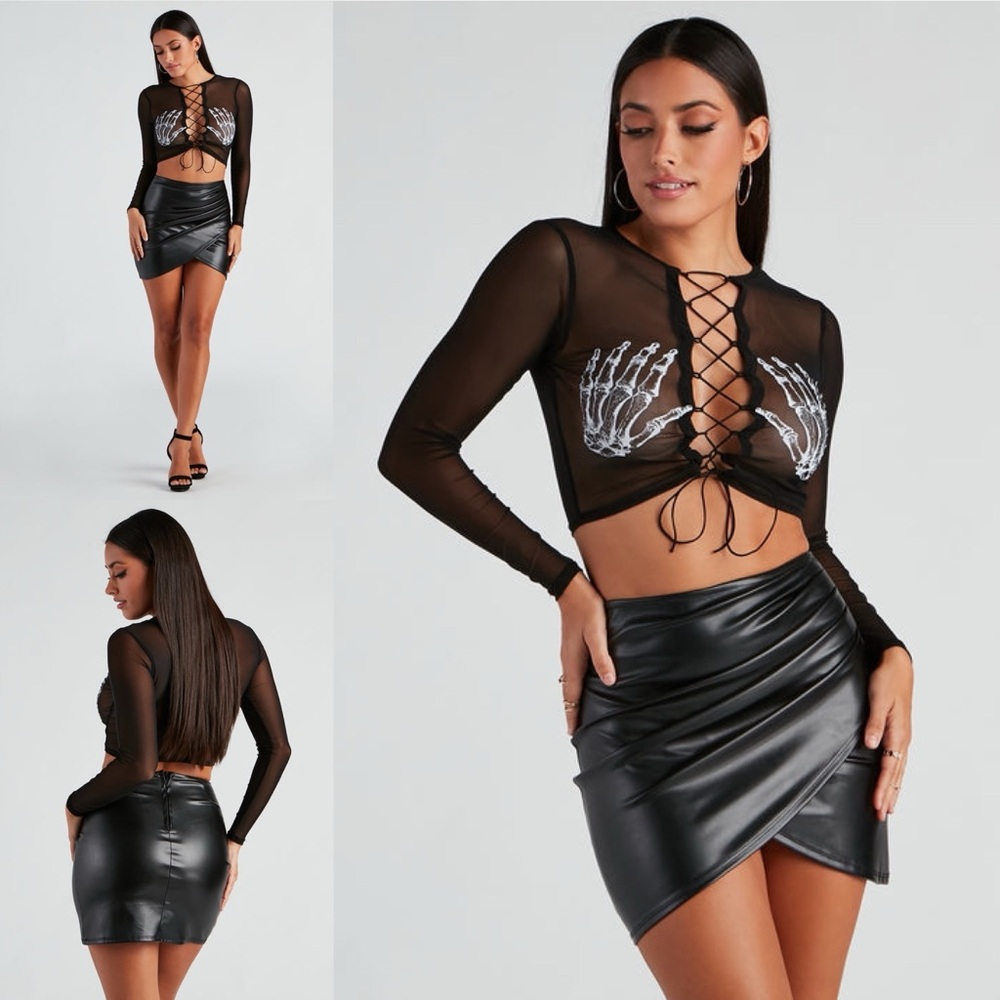 Windsor | Sultry Skeleton Women’s Black Lace-Up rop Mesh Top | Size XS